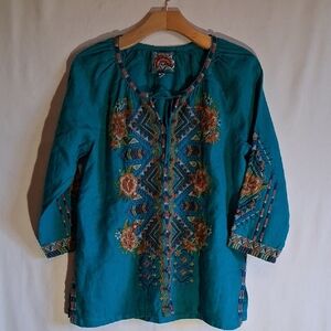 Johnny Was Teal Floral Top